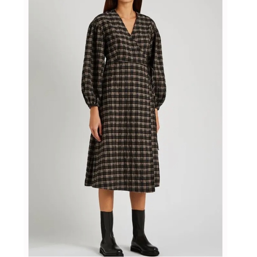 Ganni Brown Seersucker Wrap Dress
